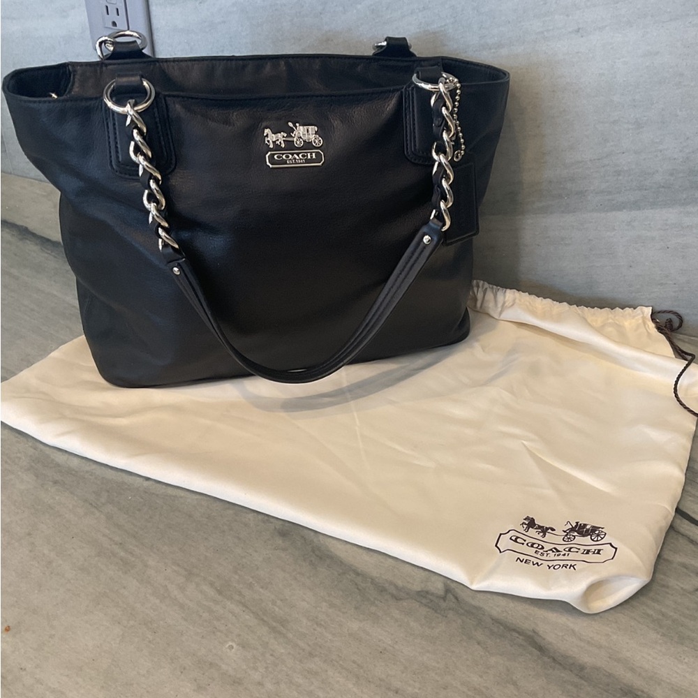 Coach Black Leather Tote Bag with Chain-Strap Handles